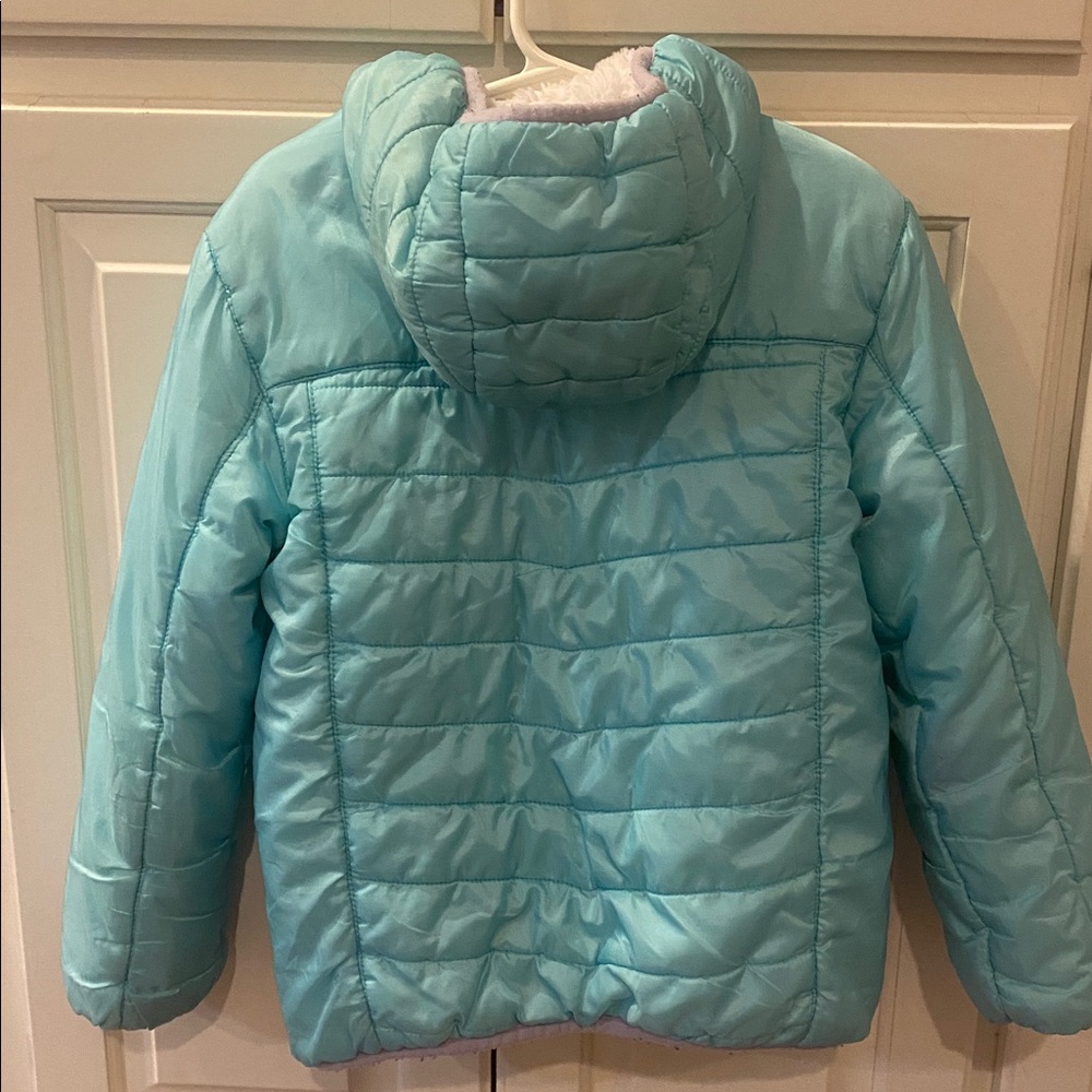 EDDIE BAUER Girls Youth XS 5-6 Reversible Plush Hoodie Zip Jacket Aqua Multi - Picture 4 of 8